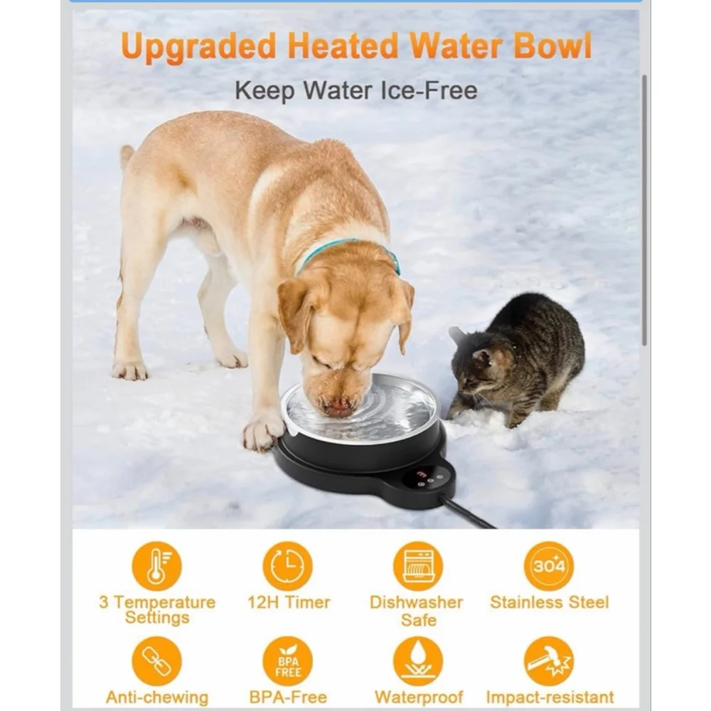 NEW Heated Water Bowl Dog & Cat, 3 Temp Settings 12H Timer Outdoor BPA 50 oz